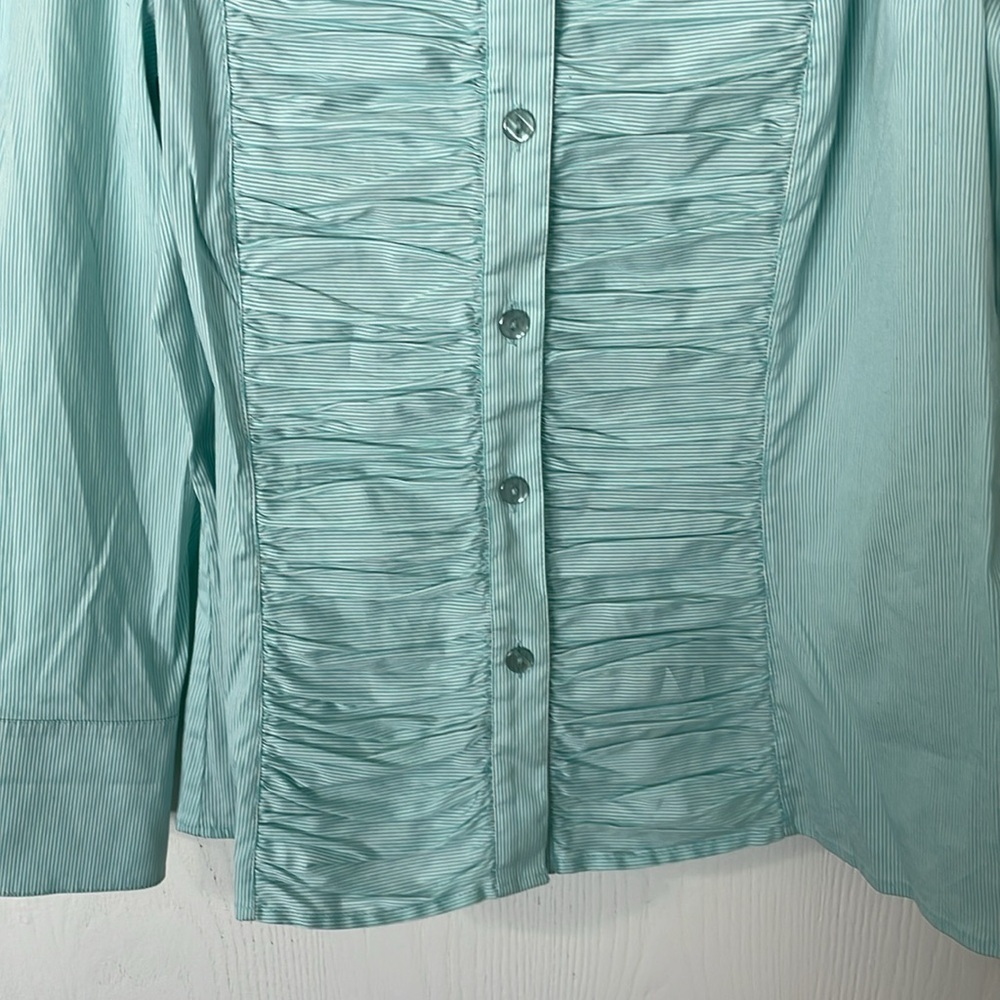 Lafayette 148 New York NWOT Striped Blue/White Ruffled Button Down Size 10 - Picture 6 of 8